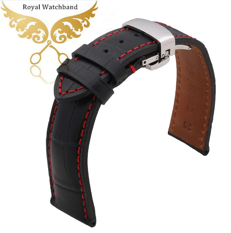 

Watch band 18mm 20mm 22mm High Quality Black Genuine Leather Watch Band Strap Silver Steel Butterfly Watch buckle Free Shipping