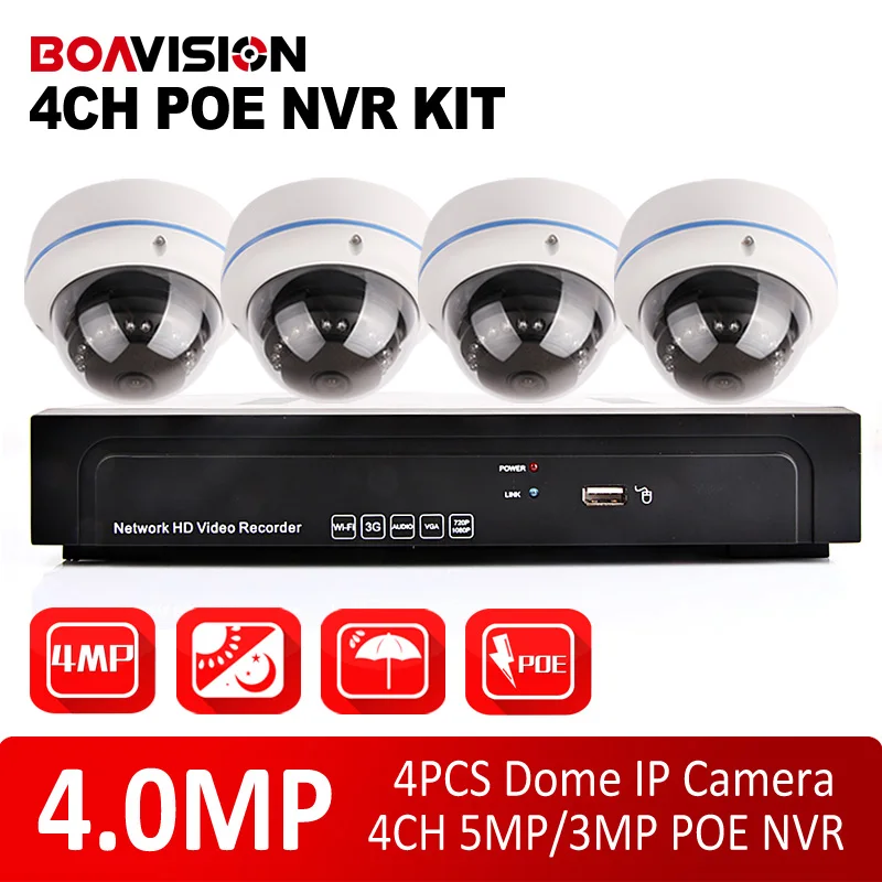 4CH 4MP POE NVR Kit Outdoor Weatherproof 4.0MP Dome IP Camera NVR System Surveillance CCTV System Video Recording CMS/P2P View