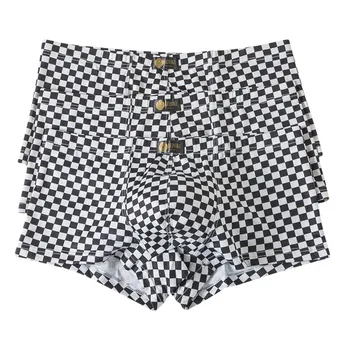 

3PCS Sexy Box Low Rise Mens Underwear Black White Grid Plaid Boxers Short Boy Home Shorts Pants Mens Sexy Boxers