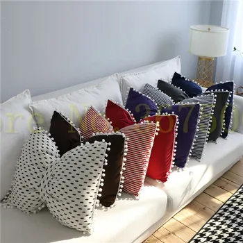 

1pcs Solid/Stripe Bow Cushion Pillow With Pom Decorative Cotton Cushion With Removable Case Sweet Sofa Pillow 43*55cm