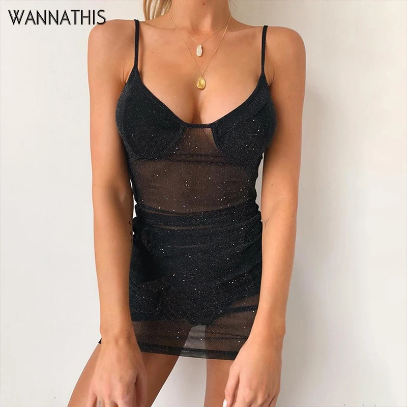 

WannaThis spaghetti strap O-Neck Mesh Dresses See-through Sexy Shining Diamonds Elastic Skinny Fashion Black Summer MIni Dress