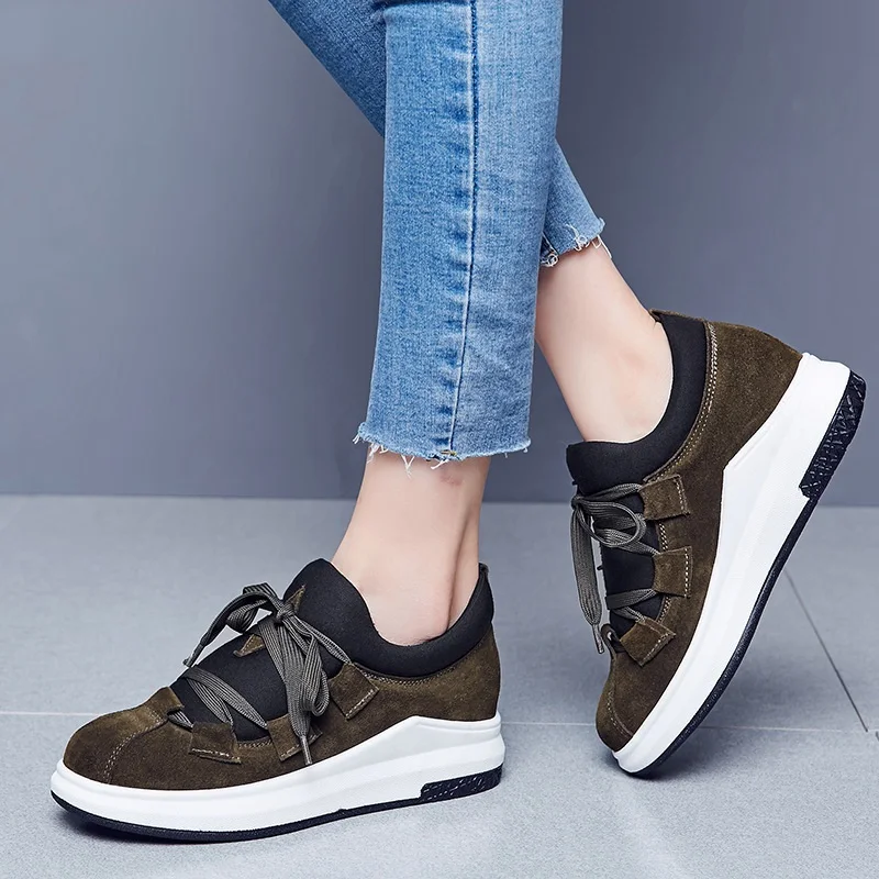 

Black Dark Green Suede Round Toe Crossed Lace-up Thick Crust Creepers Slope Heels Women's Leisure Shoes 2017 New Female Footwear