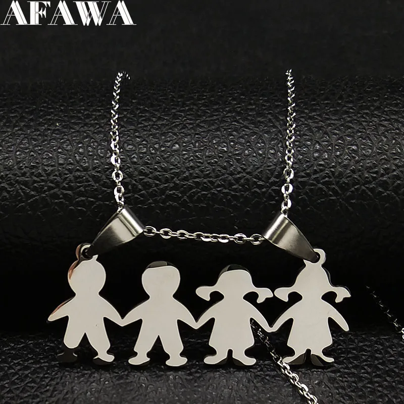 

2019 Fashion Two Boys Two Girl Stainless Steel Necklace for Women Silver Color Pendant Necklace Jewelry acero inoxidable N18799