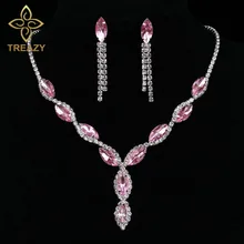 TREAZY Посеребренная лист кисточкой Наборы свадебных ювелирных изделий для Для женщин Шарм Розовый Кристалл Длинные Цепочки и ожерелья серьги, свадебные украшения, наборы