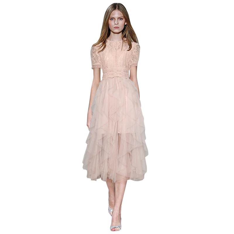 summer runway fashion blue  pink crochet hollow out lace designer summer dress cascading ruffle short sleeve dresses mesh gown