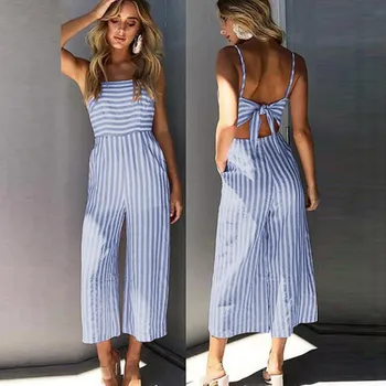 

2018 Elegant Women Ladies Strap Backless Vertical Striped Holiday Jumpsuit Playsuits Bow Back Overalls Party Beach Sexy Romper