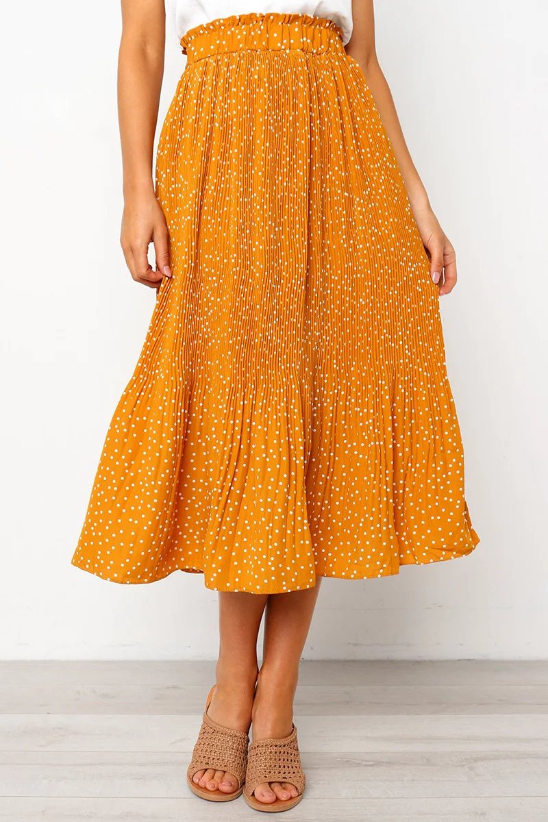 White Dots Floral Print Pleated Midi Skirt Women Elastic High Waist Side Pockets Skirts Summer 2019 Elegant Female Bottom