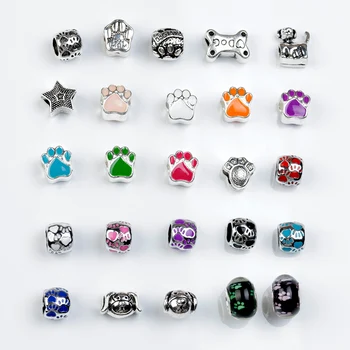 

10 Pcs/lot Pet Dog Series Beads Antique Silver Plated DIY Large Hole Bead Charm Fit For Pandora Charms Bracelet