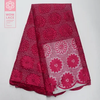 

Rose Red Colour Flower Guipure Embroidery Indian Stones Mesh Lace Fabric African Rhinestones 2019 High Quality Voile Net Fabrics