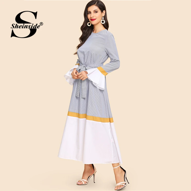 

Sheinside Waist Belted Flounce Sleeve Color Block Dress For Women 2019 Multicolor Young Ladies Office Dresses Elegant Long Dress