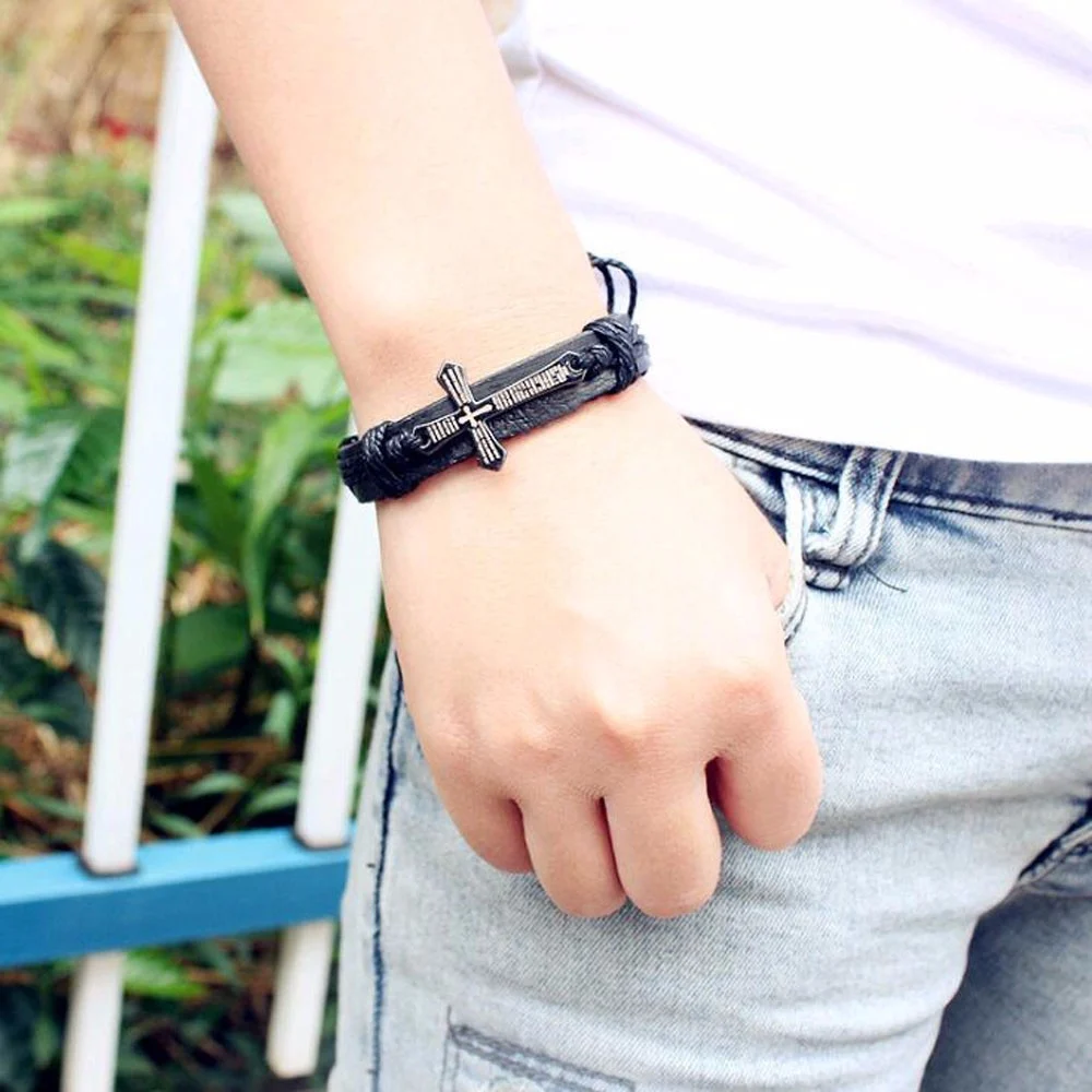 New Fashion Men Women Jewelry Vintage Leather Bracelets & Bangles Metal Cross Jesus Charm Bracelet Adjustable Wax Cord Bracelet - Image 6