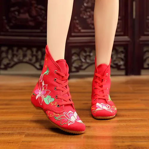 Veowalk/женские короткие ботинки на плоской подошве в стиле ретро с вышивкой из хлопка на шнуровке; сезон осень; женская повседневная обувь с китайской вышивкой; удобные ботинки - Цвет: Model 2 Red