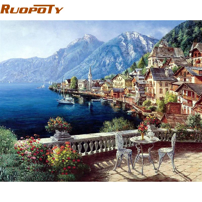 

RUOPOTY Frame Austria Town Landscape DIY Painting By Numbers Modern Wall Art Canvas Painting Home Decoration For Unique Gift