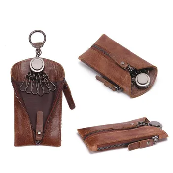 

Fashion Vintage Unisex Genuine Leather Key Wallet Women Keychain Covers Zipper Key Case Men Key Holder Housekeeper Key Organizer