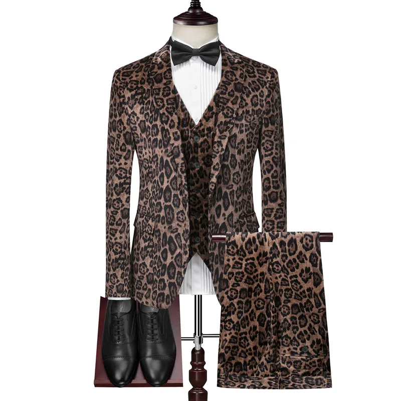 

Mens autumn winter leopard velvet suit set 3 piece set (blazer + vest + pants) high-end dinner dress fashion nightclub bar suits