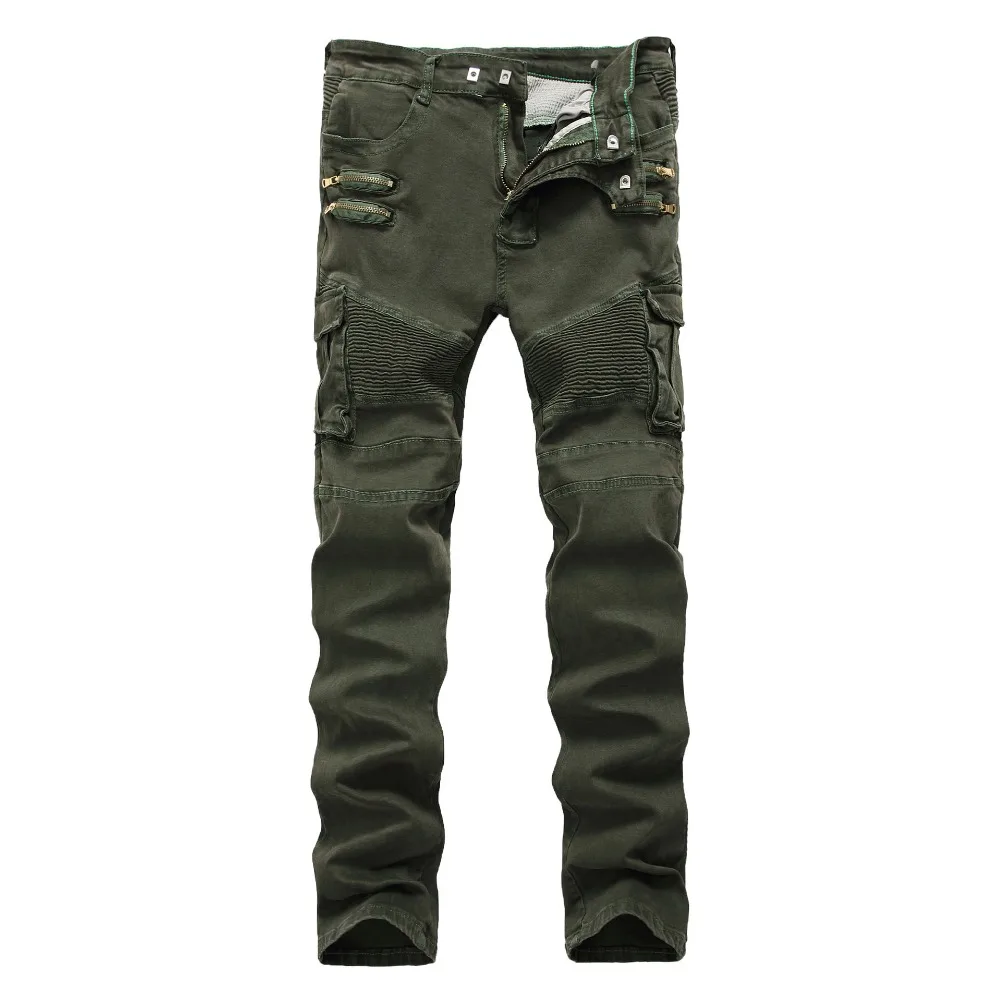 Mens-Skinny-Ripped-Biker-Jeans-zipper-Multi-Pockets-Cargo-Army-Green ...