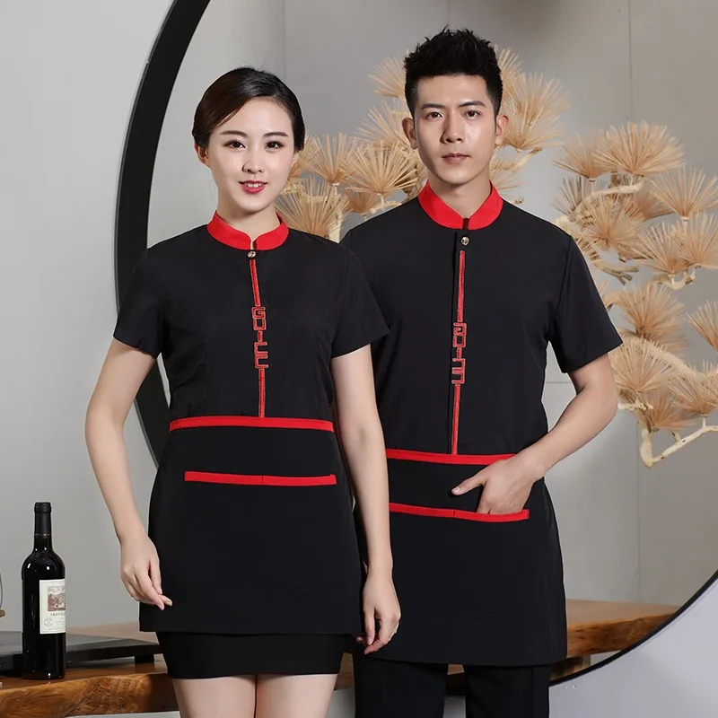 

Waiter's Workwear Short Sleeve Hotel Chinese Teahouse Restaurant Uniform Waitress Clothing Hot Pot Summer Jacket Overalls H2137