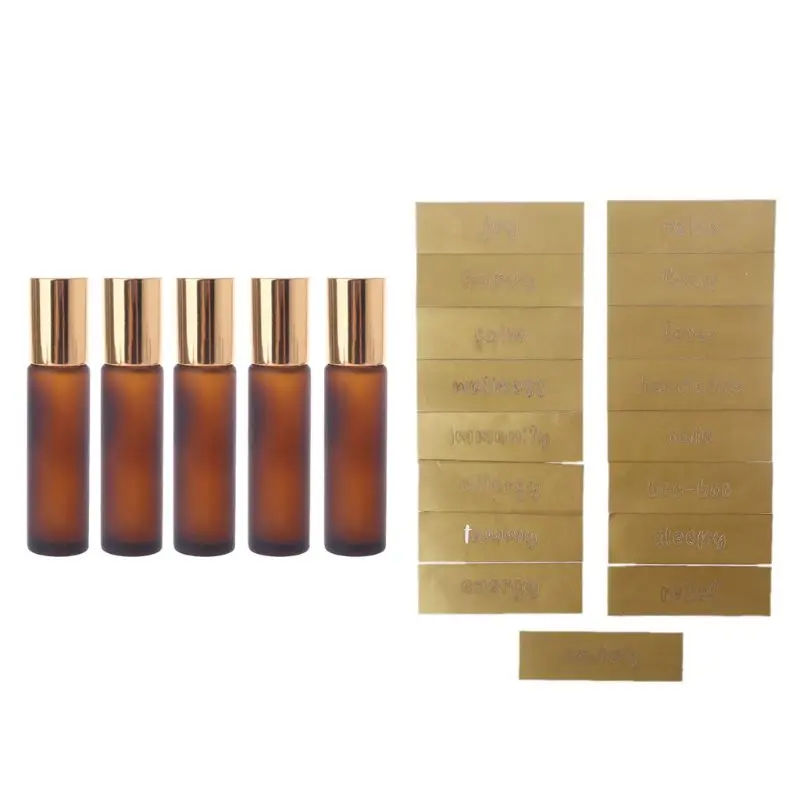 

5Pcs 10ml Amber Roll On Glass Bottles Metal Roller Ball for Perfume Essential Oil Empty Refillable with Stickers Labels Set