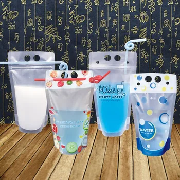 

100 Pcs, 450 ml Colorful Plastic Drink Packaging Bag Pouch for Beverage Juice Milk Coffee,Self-sealed Cute Drink Bag with Handle