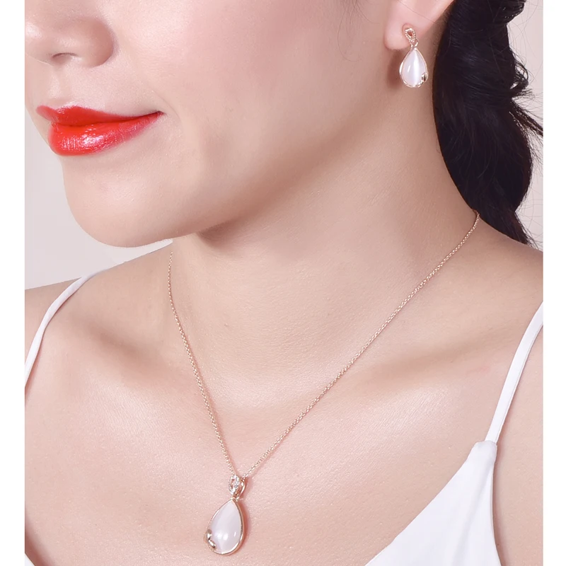 MOONROCY Free Shipping Austrian Crystal Rose Gold Color Opal Jewelry Set Waterdrop Necklace and Earring for Women Girls|necklace earrings|opal