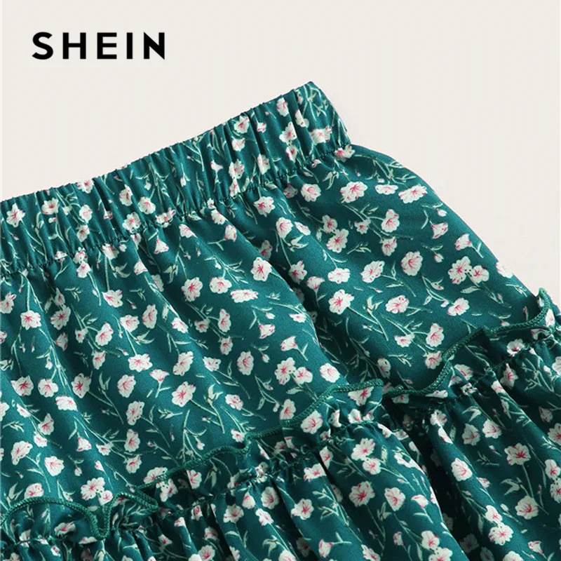 Женская мини юбка SHEIN милая летняя с зеленым оборками и цветочным принтом