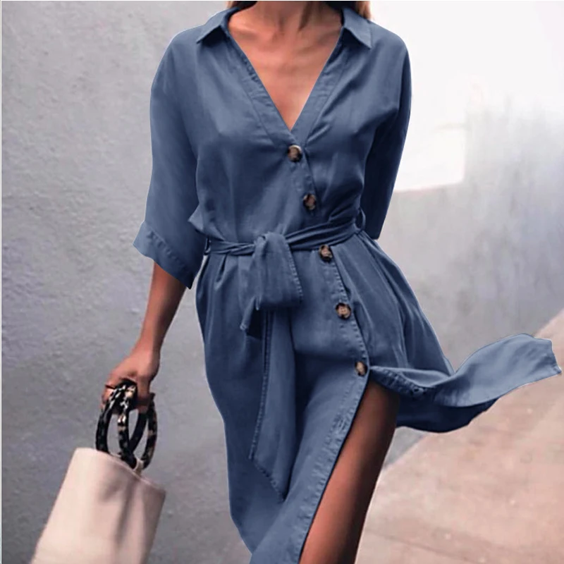 

Autumn Fashion Demin Jean Bandage Dresses Turn-Down Collar Shirt Dresses Tunic Button OL Style Robes Feminina SJ028U