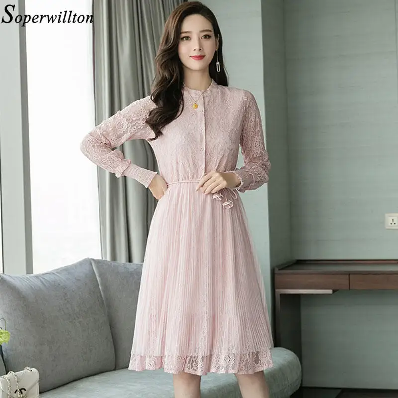 

Women Elegant Lace Dress Pink Lady 2019 Autumn Long Sleeve Vestido Mujer Fashion High Quality New Dresses Sweet Party Belt V17
