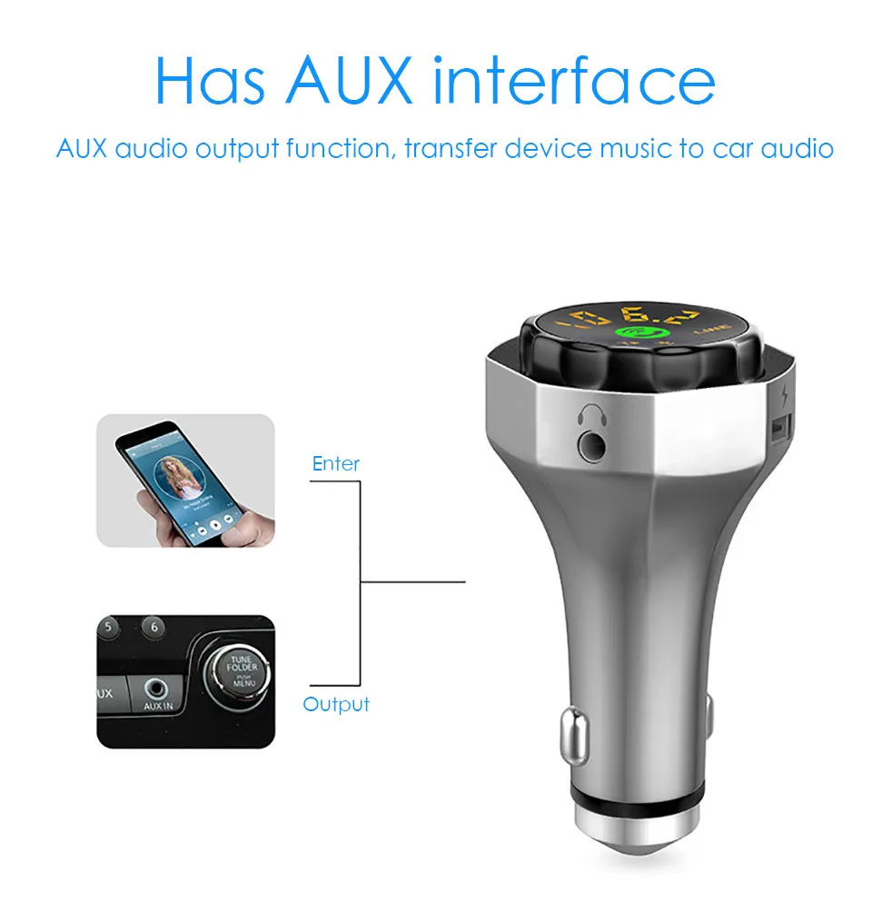 Wireless Bluetooth FM Transmitter Safety Hammer Handsfree Car Kit Bluetooth 3.5mm Aux Bluetooth MP3 Player TF USB Car Charger (6)