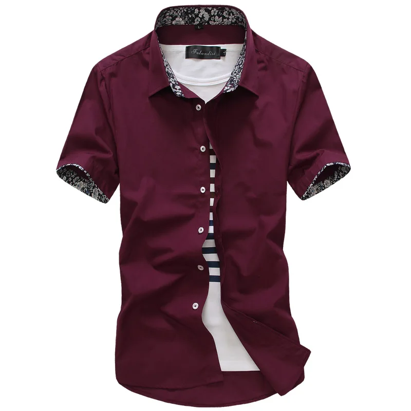 Модная мужская Однотонная рубашка с коротким рукавом и отложным воротником, мужская рубашка, Повседневная Деловая Рабочая Рубашка, Мужская Облегающая рубашка Camisa De Hombre - Цвет: Wine red