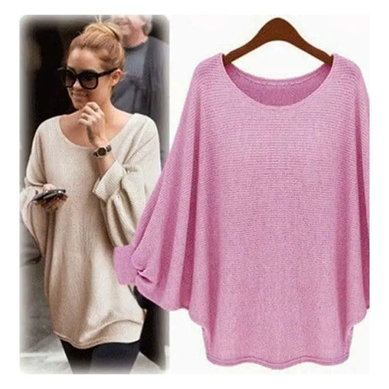 Ebizza Casual Long Batwing Sleeve Sweater Women O Neck Cotton Knitted Loose Pullover Autumn Solid Color Thick Outwear | Женская одежда