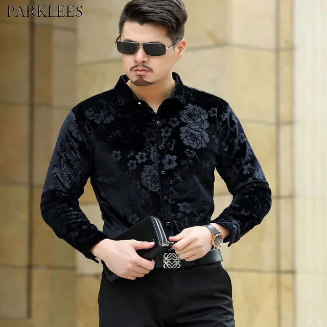 Men's Hipster Black Floral Velvet Dress Shirts 2018 Brand New Slim Fit ...