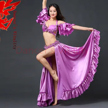 

Lady Performance clothing satin stones bra/long skirt 2pcs girls belly dance set ballroom dance clothes B/C cup free shipping