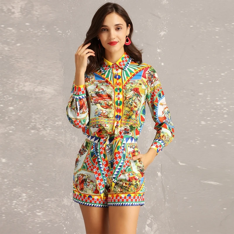 

2019 Spring Summer Folk Exotic Ethnic Customes 2 Pcs Set Colours Vintage Print Lapel Full Blouse Crop Top + Matched Shorts Suits