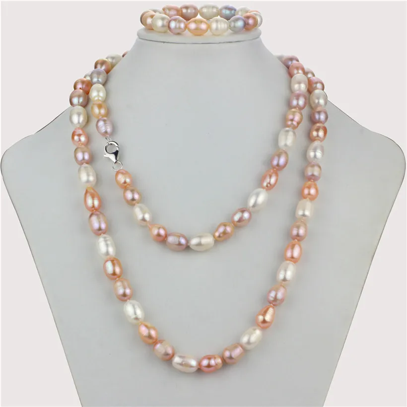 

SNH 10mm A rice mixed color natural necklace and bracelet pearl set for women 925 silver clasp free shipping
