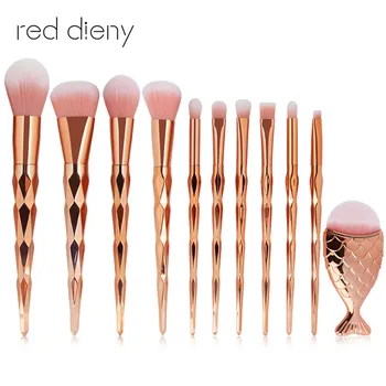 

11Pcs/set Mermaid Rosegold Makeup Brushes Set Power Foundation Blending Big Fish Tail Makeup Brush Kit