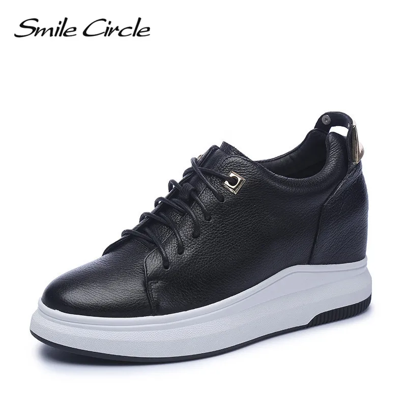 Femmes Plateforme Cuir Lacet blanc Cercle À En Talons Noir De Sneakers Véritable Décontractées Mode Coins 2018 Chaussures Sourire up Hauts WDHEI29