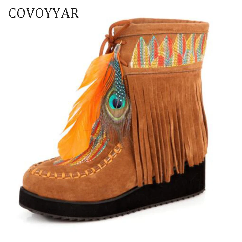 

COVOYYAR 2019 Retro Wedge Women Boots Feather Fringe Ankle Boots Bohemia Embroidered Autumn Platform Women Shoes Big Size WBS010