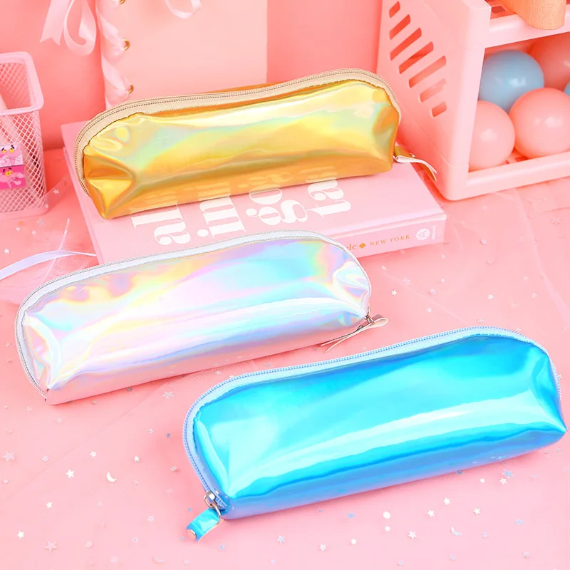 

Pen Bags Creative Solid Color Laser Kawaii Pencil Case For Girls School Supplies High Capacity Pencilcase Office Stationery