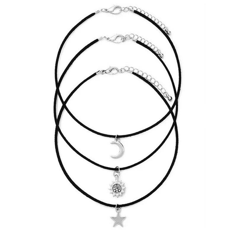 3 Pcs/Set Chokers Necklaces Vintage Star Moon Sun Alloy Pendants Necklace Fabric Cord Gothic Maxi Necklace Sets