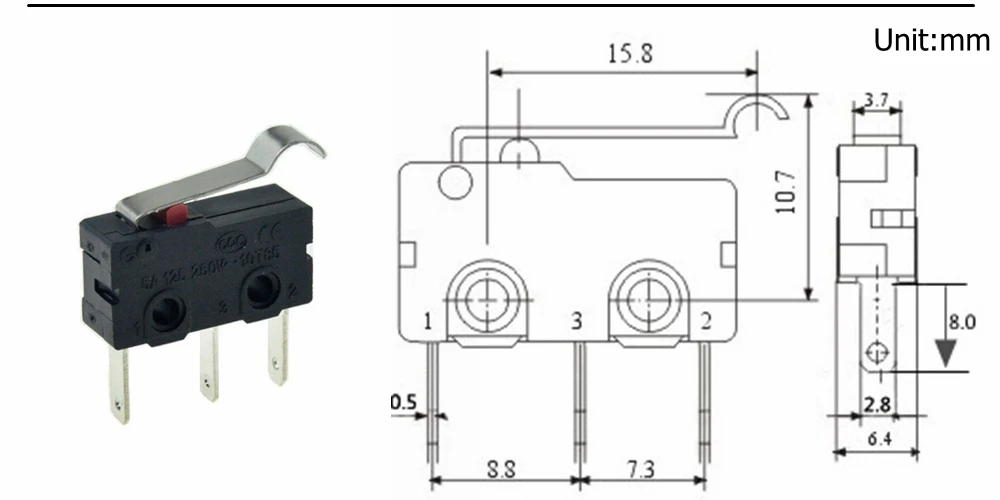 5 шт. мини микро концевой выключатель без NC SPDT 3 штифта 8 мм больше терминалов 5A 125 в 250 в 29 мм роликовый рычаг дуги действие нажимные микропереключатели