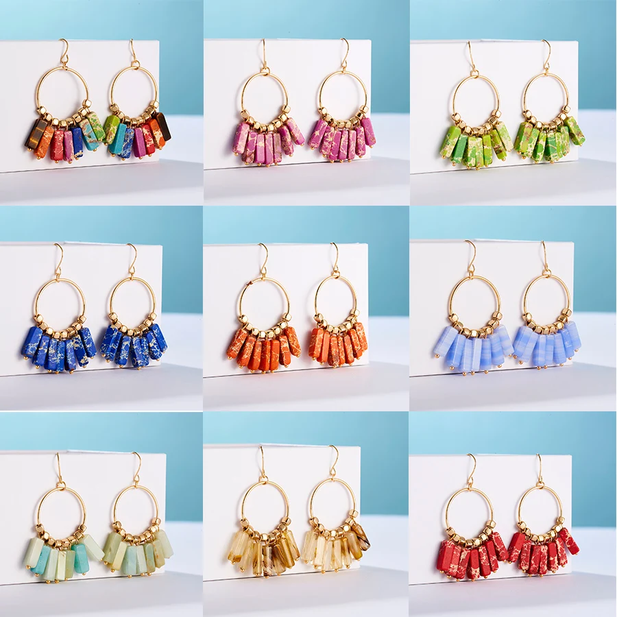 

Bohemian Chakra Earrings Multicolor Natural Square Stone Dangle Drop Earrings for Women Female Ear Jewelry Statement Brincos