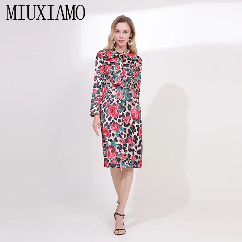 

MIUXIMAO Custom Plus Size High Quality 2019 Spring&Summer Dress Leopard Floral Print Frenulum Silk Mid-Calf Dress Women vestido