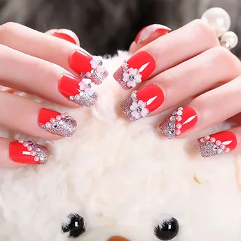 

24pcs Detachable Nail Art Tips with Glue Girls Fashion Flowers Beauty False Nails Women Red Color Shining Rhinestone Fake Nails
