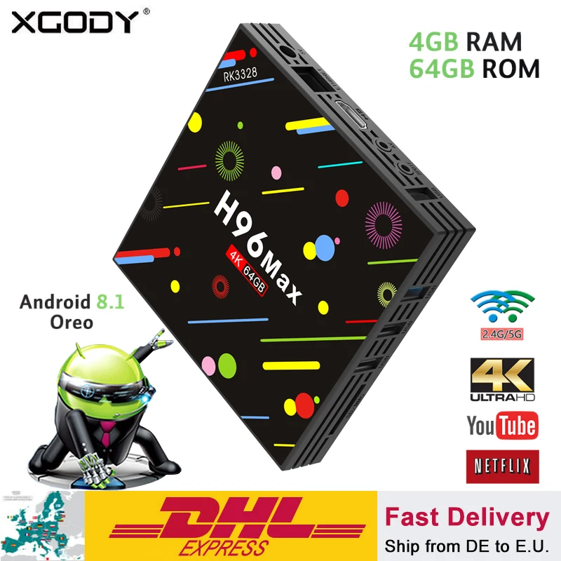 

XGODY H96 Max+ Mini TV Box Android 8.1 4GB 64GB RK3328 Quad Core WiFi Media Player TV Receiver Streamer Bluetooth Set-top Box