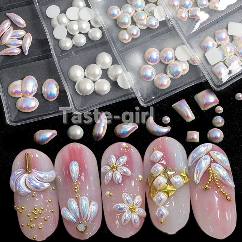 

1 Pack Multi-size Nail Rhinestones 3D Flat Back Whtie AB Nail Stones Gems Pearl DIY Nail Art Decorations Rhinestone Pearls