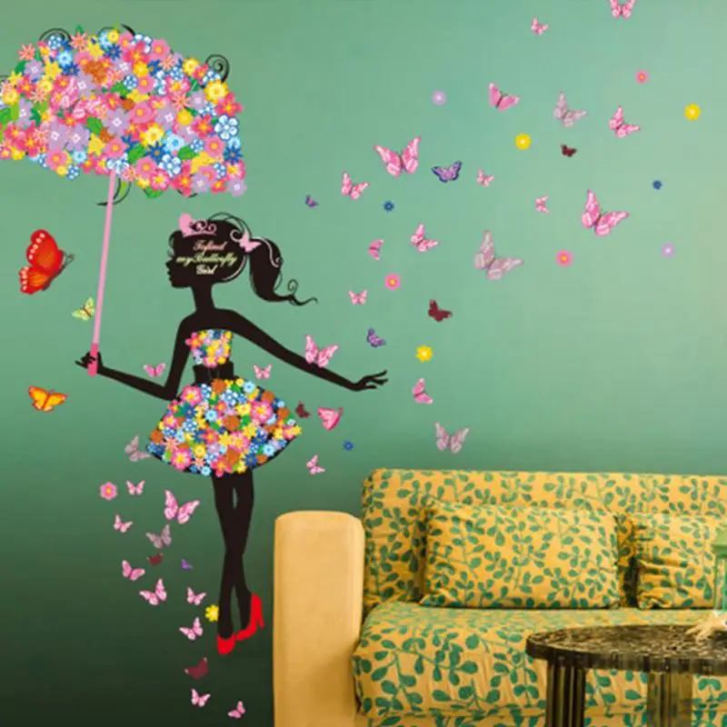 Цветок девочка зонтик наклейки на стену Декор для дома|mural wall|home decor wall muralsflower mural |