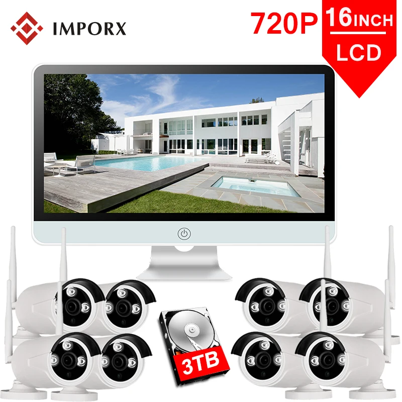 IMPORX 8CH 720P Wireless Security CCTV IP Camera System NVR 16 inch LCD Monitor 8PCS Camara P2P Wifi Video Surveillance Kits Set IMPORX 8CH 720P Wireless Security CCTV IP Camera System NVR 16 inch LCD Monitor 8PCS Camara P2P Wifi Video Surveillance Kits Set