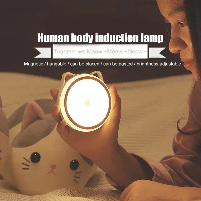 

LED Night Light Lamp Cat Ear Body Sensor Adjustable Portable for Bedroom Bedside JDH99