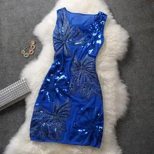 Free Shipping 2017 New Summer Elegant Dress With Embroidery And Sequins Vest Dress Beautiful Slim Women Sleeveless Party Dresses