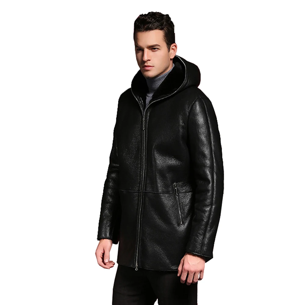 Модная мужская куртка с капюшоном из натурального овечьего меха, Мужская официальная зимняя куртка, черная Теплая мужская меховая толстая верхняя одежда